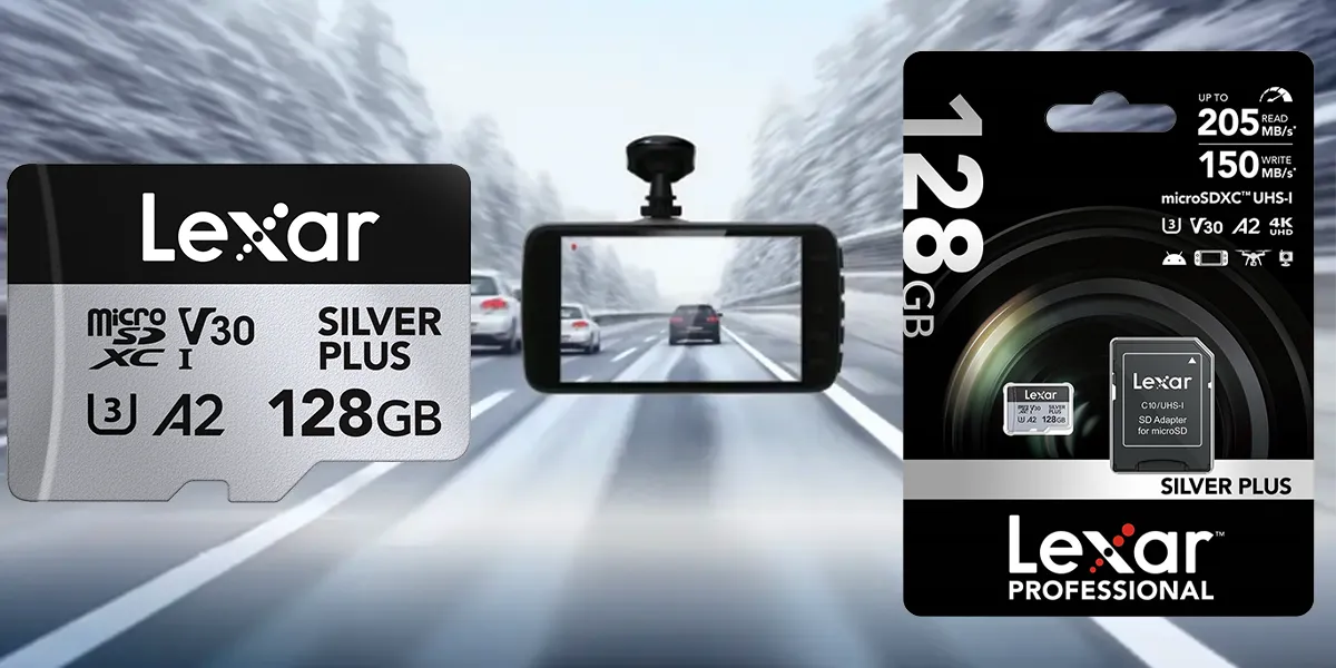 pokazana droga i wyświetlacz kamery i karty Lexar 128GB